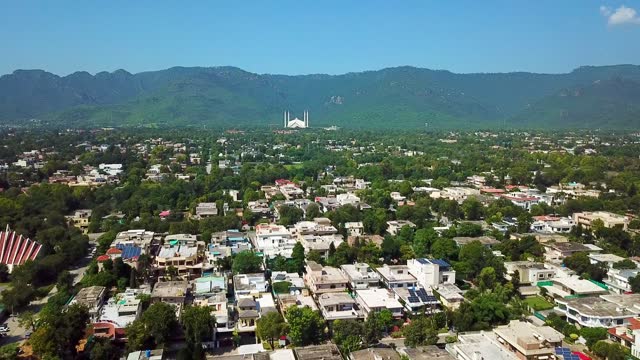 Amazing Aerial View of Islamabad With Visible Faisal Mosque (Masjid ) and Margalla Hills Capital City of Pakistan.