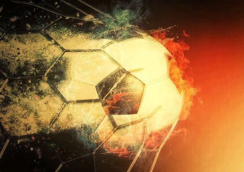 3D illustration of a flame soccer ball piercing the goal net