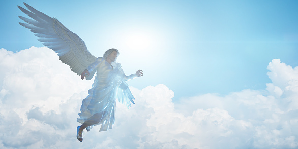 biblical angel with big white wings flying  render 3d