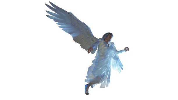 biblical angel with big white wings flying  render 3d - aartsengel stockfoto's en -beelden