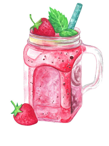 handgezeichnete aquarellillustration von erdbeersaft in einem mit beeren verzierten glasgefäß - food jar backgrounds breakfast stock-grafiken, -clipart, -cartoons und -symbole