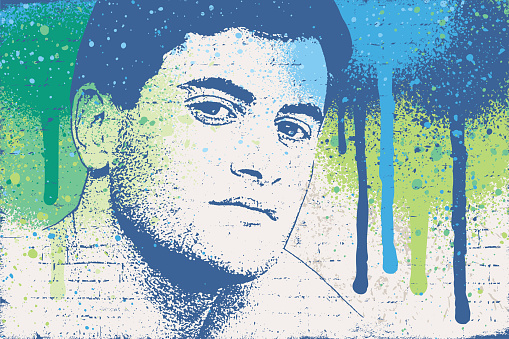Vector portrait of a  young man looking at camera over a paint splatters wall. Street style illustration. Grunge vector illustration. . Layered illustration for easy editing.
Spray paint splatters background.