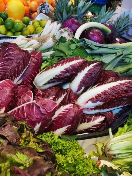 Showcase of multicolored vegetables