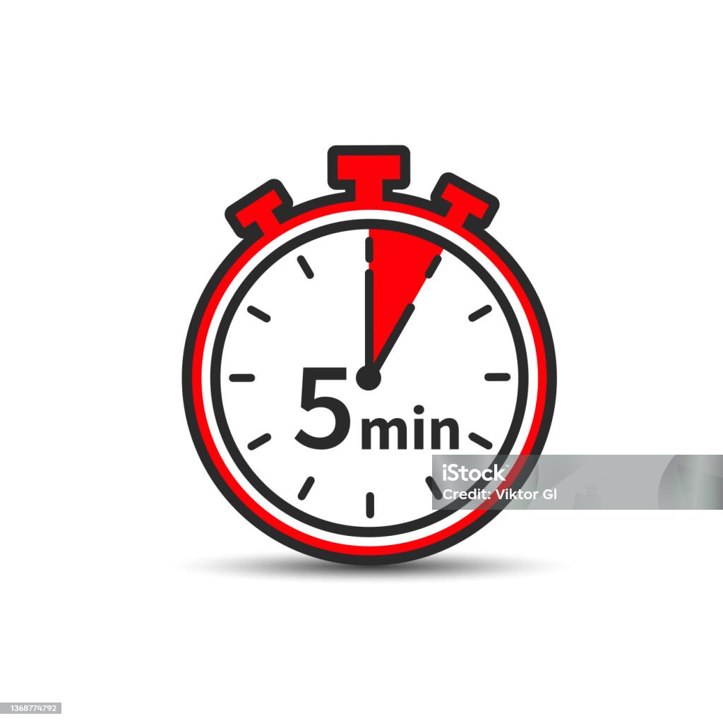 Five Minutes Clock Icon Isolated on White Background. 5 Minutes Vector Time Symbol. Number 5 stock vector