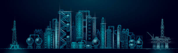 Petroleum oil refinery complex panorama business concept. Finance economy polygonal petrochemical production plant. Petroleum fuel industry will pipeline. Ecology solution blue vector illustration Petroleum oil refinery complex panorama business concept. Finance economy polygonal petrochemical production plant. Petroleum fuel industry will pipeline. Ecology solution blue vector illustration. refinery stock illustrations