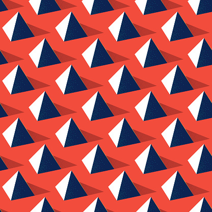 Seamless pattern with pyramid shape on red background in modern dotted texture style