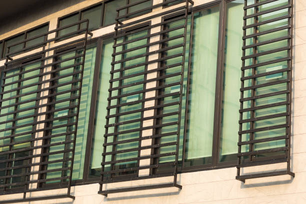 Windows with metal decor of multi floored apartment building in Bangkok CHatuchak