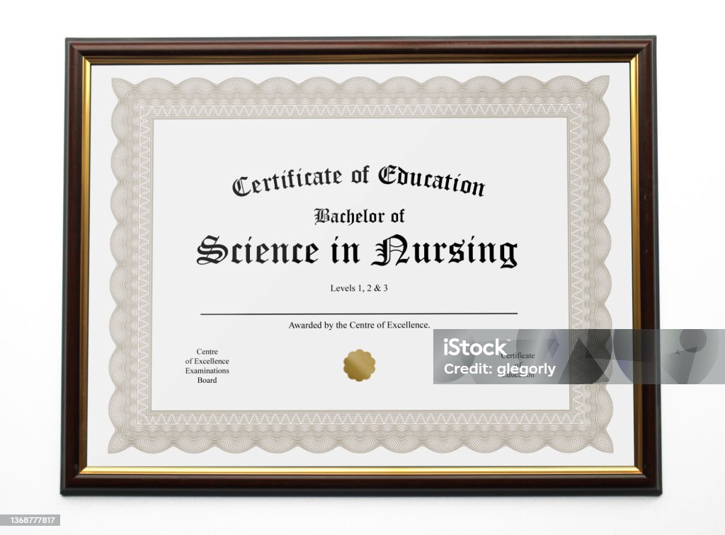Nursing Degree Certificate for BSN, Bachelor degree in Nursing. Diploma Stock Photo