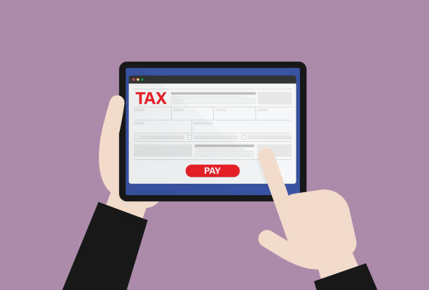 businessman pays tax via an online platform - taxes stock illustrations