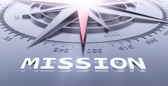3d render image.  Compass needle pointing the word Mission.