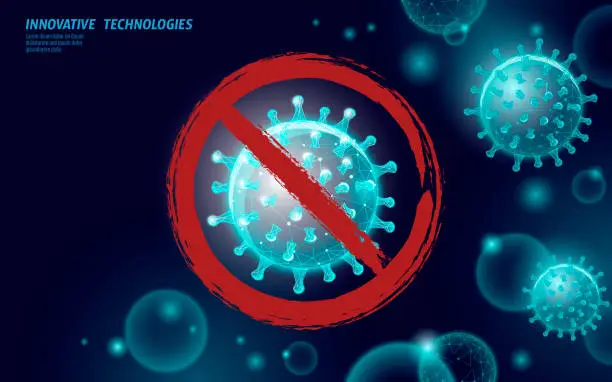 Vector illustration of Stop coronavirus 3D low poly render. Laboratory analysis infection virus influenza flu pneumonia. Modern science technology medicine vector illustration