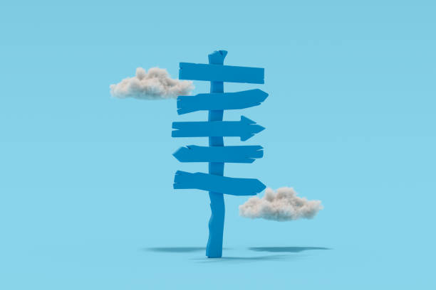 Blank road sign, sign post, blue background, 3d render.