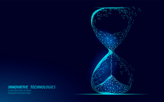 Hourglass 3D low poly dark time of life concept. Deadline present future and past hours gone. Time stream flow value. Creative opportunity ideas schedule vector illustration.
