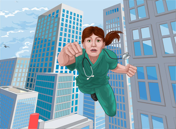 arzt krankenschwester scrubs superheld fliegen super hero - superhero comic book cityscape flying stock-grafiken, -clipart, -cartoons und -symbole