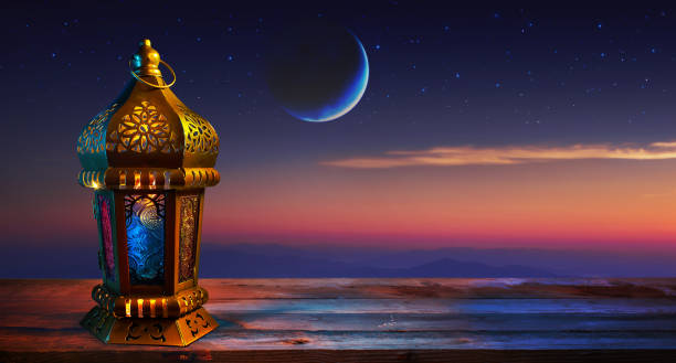 Ornamental Arabic Lantern On Wooden Table, Ramadan Kareem Background