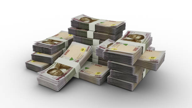 pila di 1000 banconote di naira nigeriana. rendering 3d di fasci di banconote - currency stack dollar heap foto e immagini stock