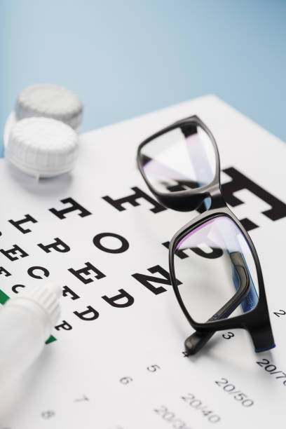 istock Glasses with Contact Lenses, drops and an Optometrist's Eye Test Chart On a Blue Background. 1368783618