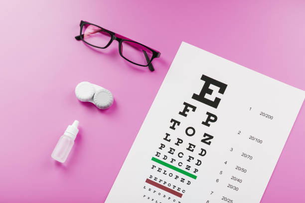 istock Ophthalmic accessories Glasses and lenses with vision test table for vision correction on a pink background. 1368783862