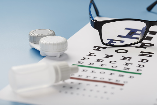 Ophthalmic Accessories Glasses and lenses with an Eye Test Chart for vision correction on a blue background. Treating vision problems. Close-up