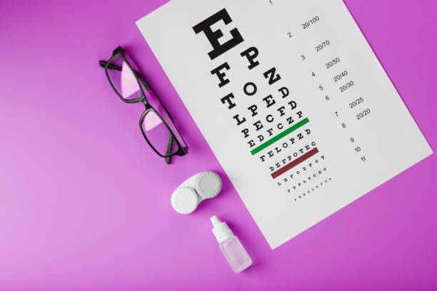 istock Ophthalmic accessories Glasses and lenses with vision test table for vision correction on a pink background. 1368784032
