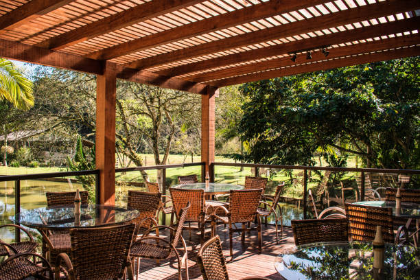 istock pergola and deck with tables restaurant garden with a pond background 1368784260