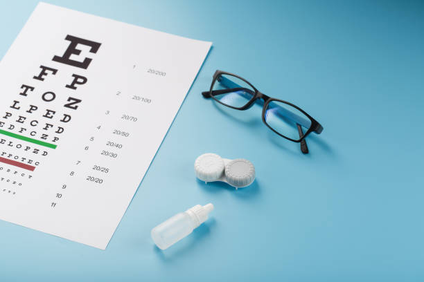 istock Vision checks and prevention, glasses, lenses and drops for vision correction on a blue background 1368784363
