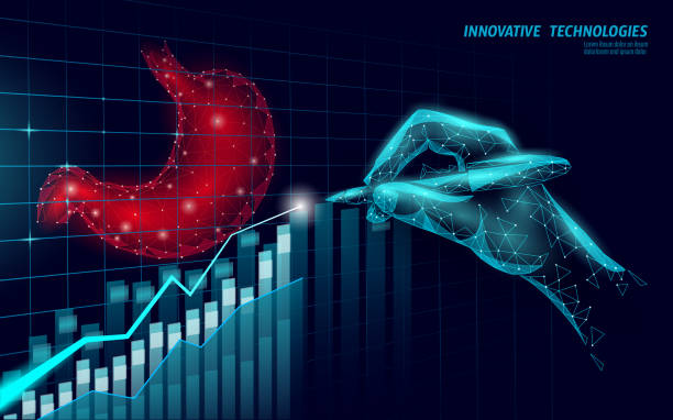 Human stomach 3D low poly render probiotics. Healthy normal digestion growing graph. Modern science medicine allergy immunity thearment vector illustration Human stomach 3D low poly render probiotics. Healthy normal digestion growing graph. Modern science medicine allergy immunity thearment vector illustration. Inflammatory Bowel Disease Therapeutics Market Outlook: Strategic Growth and Industry Insights stock illustrations