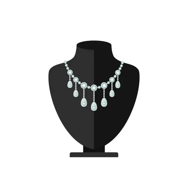 Vector illustration of Necklace with diamonds on a jewellery bust