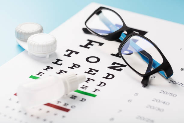 istock Vision checks and prevention, glasses, lenses and drops for vision correction on a blue background 1368785368