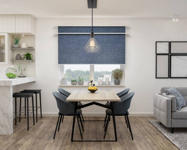 istock Dining room with wooden table and floor in modern apartment. 1368785421