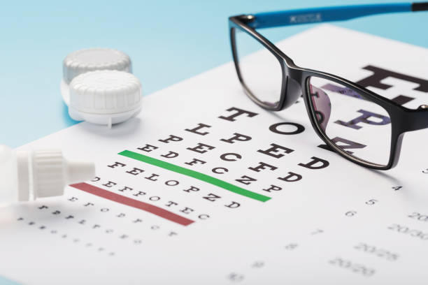 istock Glasses with Contact Lenses, drops and an Optometrist's Eye Test Chart On a Blue Background. 1368785541
