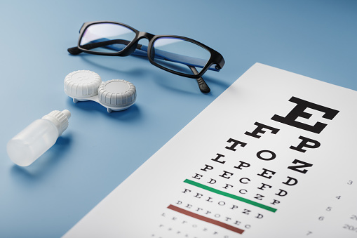 Glasses with Contact Lenses, drops and an Optometrist's Eye Test Chart On a Blue Background. The View From The Top. Free space