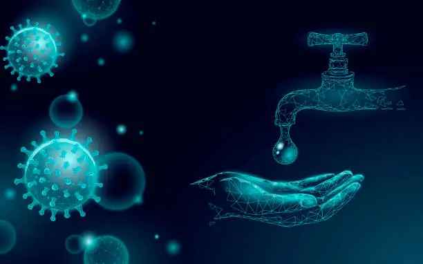 Vector illustration of Stop coronavirus wash hands 3D low poly render. Prevention infection virus influenza flu pneumonia. Water cleaning technology medicine vector illustration