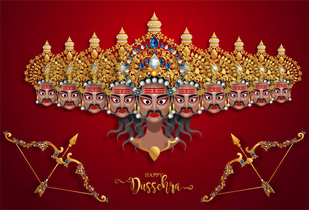 Happy Dussehra greeting card Happy Dussehra greeting card design in gold textured background with decoration celebrating the major Hindu festival at the end of Navratri. menakshi stock illustrations