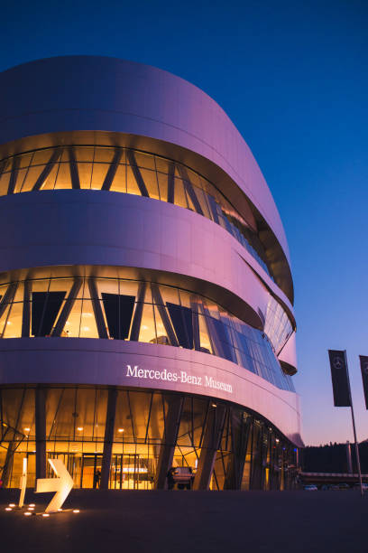 Stuttgart, Germany - February 06, 2020: Night view of the Mercedes Museum