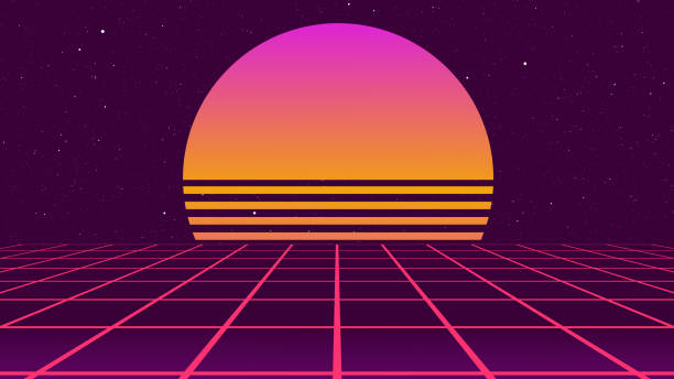 istock Retro Sci-Fi Background Futuristic Grid landscape of the 80s. Digital Cyber Surface. Suitable for design in the style of the 1980s. 3D illustration 1368787203