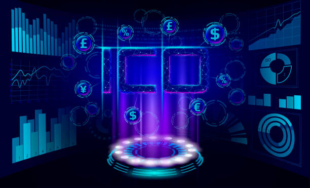 istock Initial coin offering ICO letters technology concept. Business finance economy low poly design style. Currency crypto banking online offer. Internet commerce block chain vector illustration 1368788374