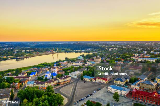 Aerial Drone View Of Kineshma Ancient City With Volga River In Ivanovo Region Russia Summer Sunny Day Sunset Stock Photo - Download Image Now