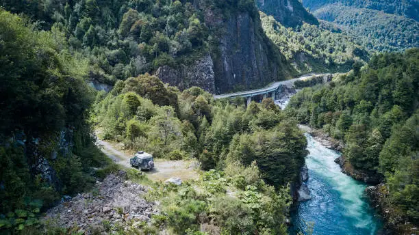 aerial of Rio Baker with white water rapids and turquoise river along the Carretera Austral, Patagonia, Chile, South America