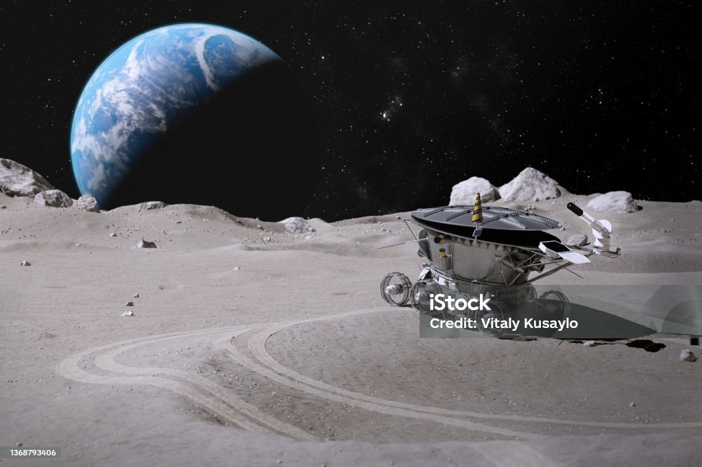 Abandoned old moon rover An abandoned, old lunar rover stands on the surface of the moon against the background of stars and the earth, 3D rendering. Moon Surface Stock Photo