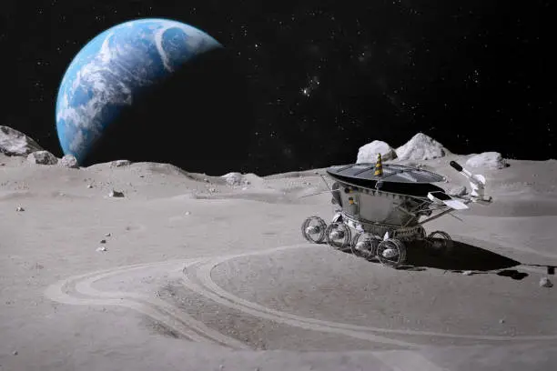 An abandoned, old lunar rover stands on the surface of the moon against the background of stars and the earth, 3D rendering.