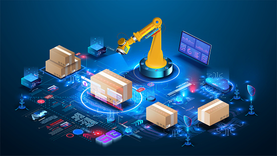 Smart warehouse technology. AI manages a smart warehouse. Future concept of supply chain and logistic business.  Robot Palletizing Systems, Robotic arm loading and scan cartons on pallet. Isometric