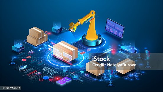 istock Smart warehouse technology. AI manages a smart warehouse. Future concept of supply chain and logistic business.  Robot Palletizing Systems, Robotic arm loading and scan cartons on pallet. Isometric 1368793487