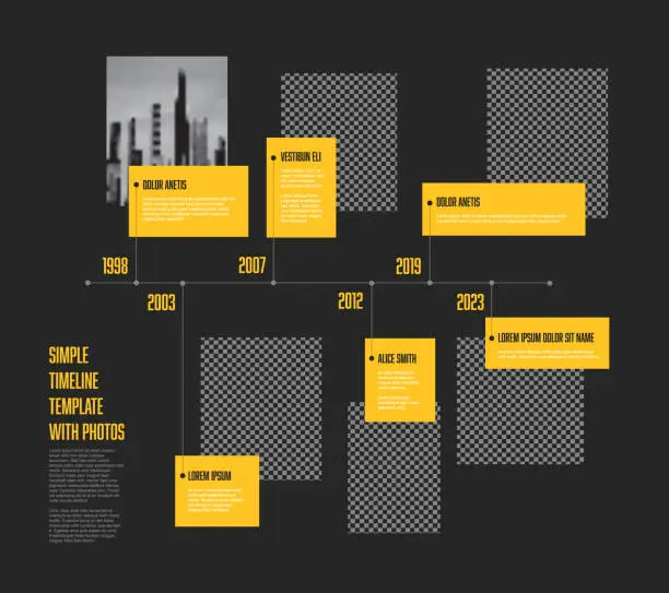 Vector illustration of Simple dark minimalistic horizontal photo timeline template with yellow accent