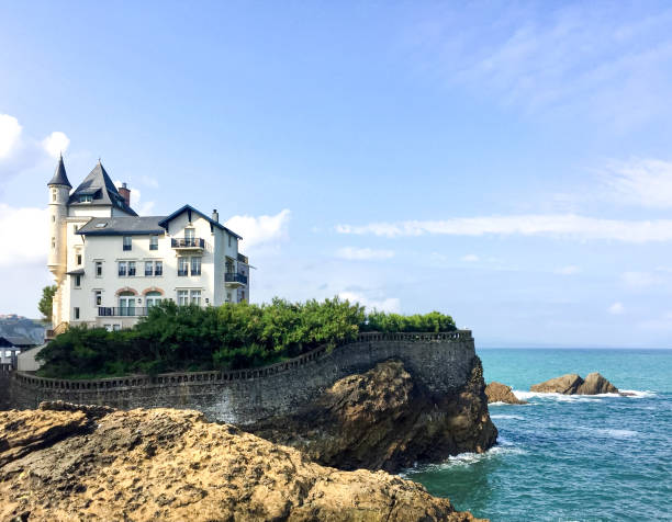 Biarritz coastal line view from Atlantic Ocean. Villa Belza. Basque Country. France. Rocky cliffs