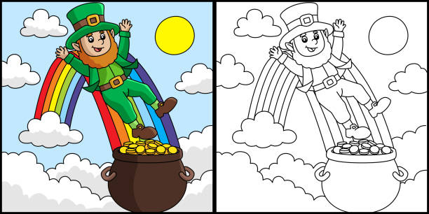 ilustraciones, imágenes clip art, dibujos animados e iconos de stock de día de san patricio leprechaun dibujo para colorear vector - st patricks day irish culture child leprechaun