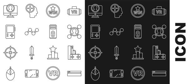 set-linie videospielkonsole, spiel mit joystick, teilen, medaille, tragbares video, konto erstellen bildschirm und computer-symbol. vektor - medal control computer icon symbol stock-grafiken, -clipart, -cartoons und -symbole