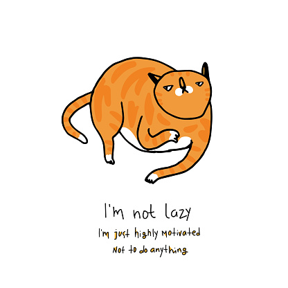 Ginger lazy cat lying. Funny cute red cat character in doodle cartoon style. Charismatic fat kitten illustration with joke quote lettering text to denying and justifying laziness