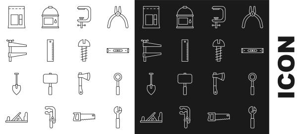 set-linie verstellbarer schraubenschlüssel, schraubenschlüssel, bauluftwaage, klemm- und schraubenwerkzeug, lineal, zementbeutel und metallic-symbol. vektor - ruler wood instrument of measurement measuring stock-grafiken, -clipart, -cartoons und -symbole