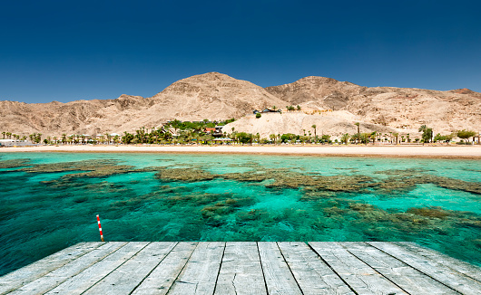 Coral reefs of the Red Sea and foreground of wooden footpath as a copy space for web banner